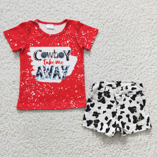 GSSO0147 2Pcs Cowboy Take The Away Red Top+ Denim  Girls Short Sleeve Shorts Outfits