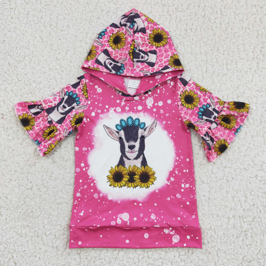 GT0096 Pink Highland Cow Floral Sunflower Girls Short Sleeve Hoodies Top