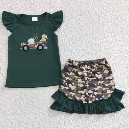 GSSO0145 Camo Green Car Dog Hunt Embroidery Girls Short Sleeve Shorts Outfits