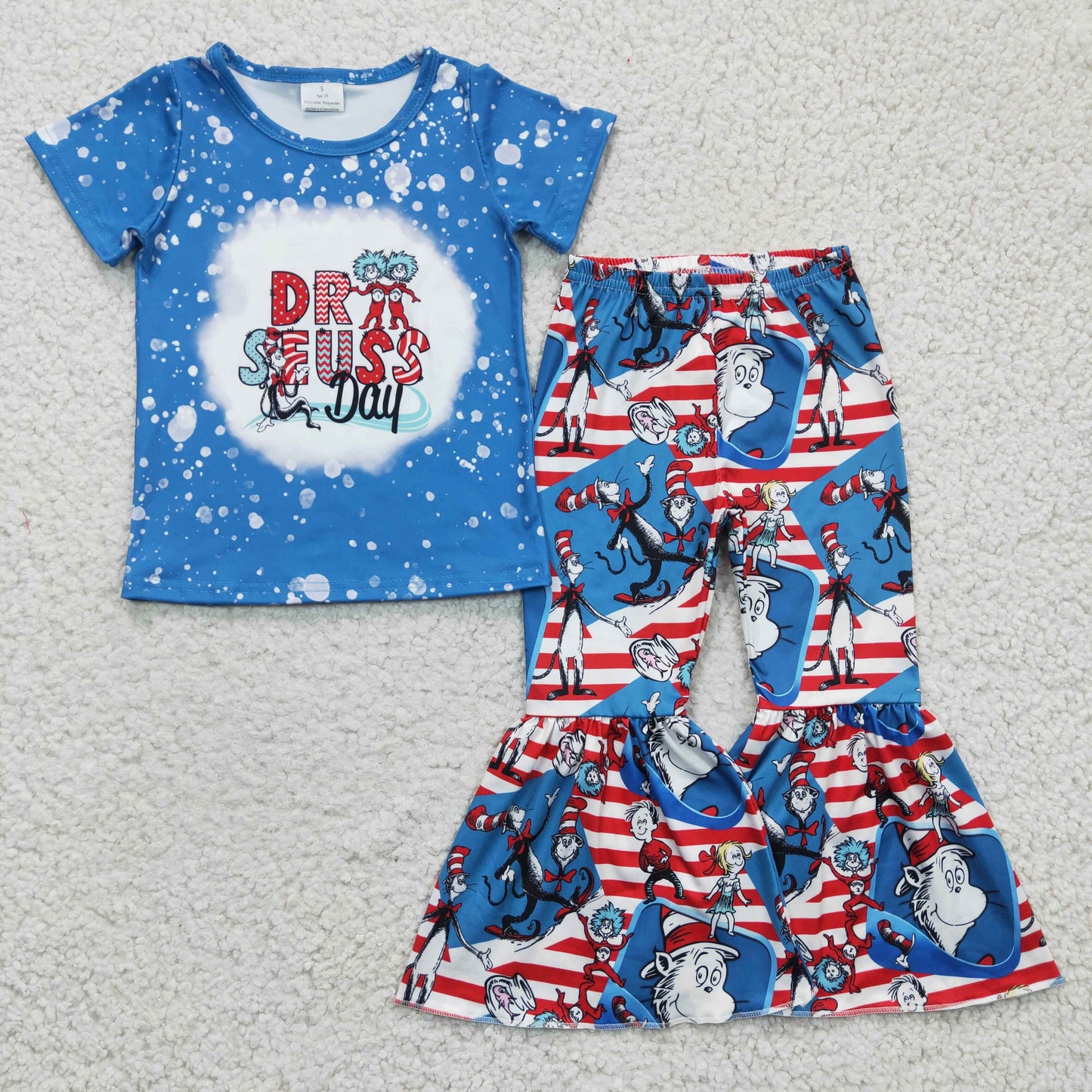 GSPO0406 Blue Red Cat hat Cartoon  Girls Short Sleeve Bell Bottom Pants Outfits