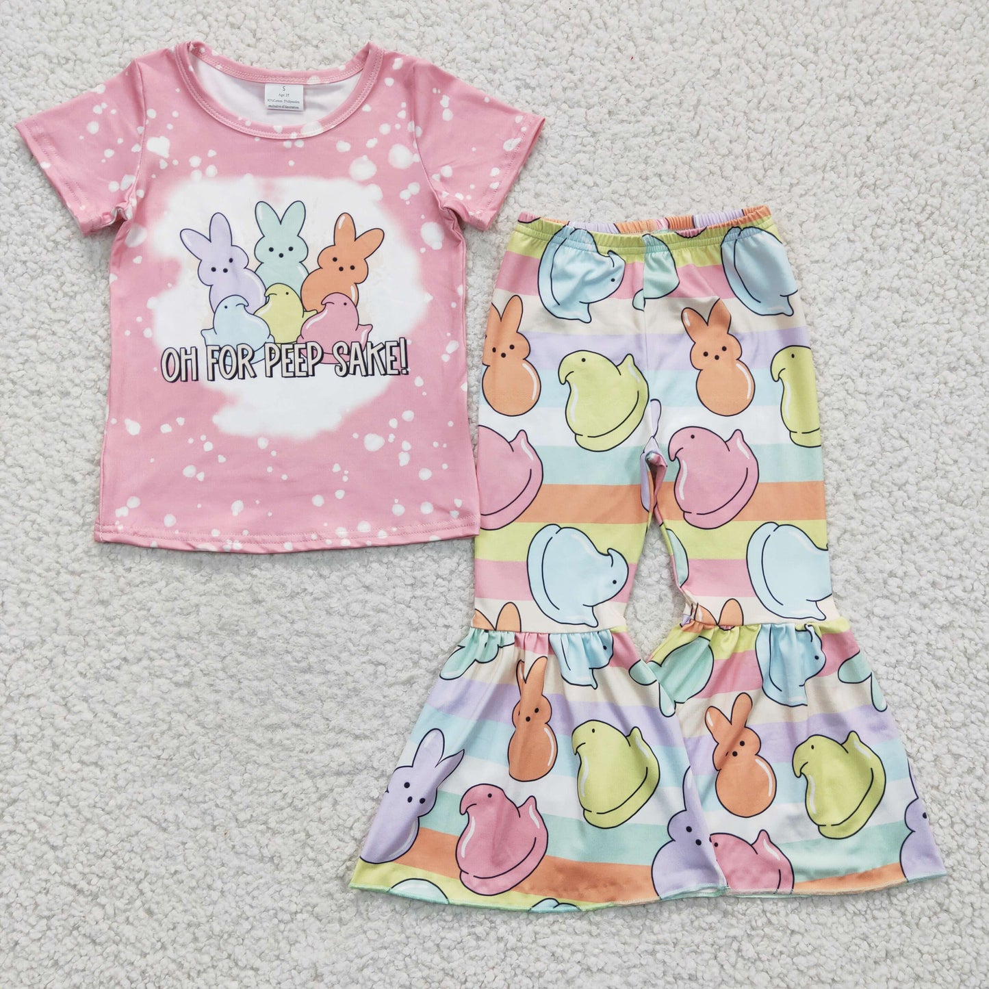 GSPO0435 Easter Pink Bleach Rabbit Oh For Peep Sake Girls Short Sleeve Bell Bottom Pants Outfits