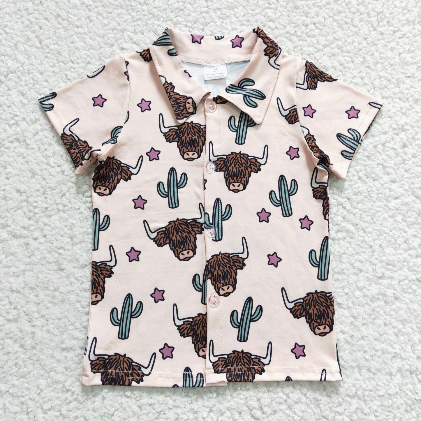 BT0133 Brown Highland Cow Cactus Western Boys Short Sleeve Top Collar T-Shirts