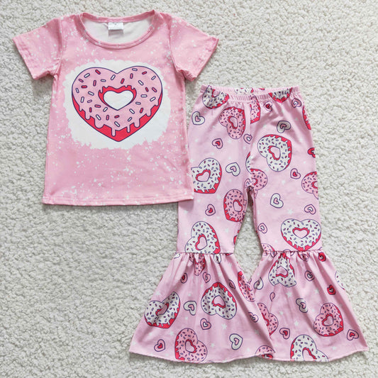 GSPO0378 Valentine Love Pink Bleach  Girls Short Sleeve Bell Bottom Pants Outfits