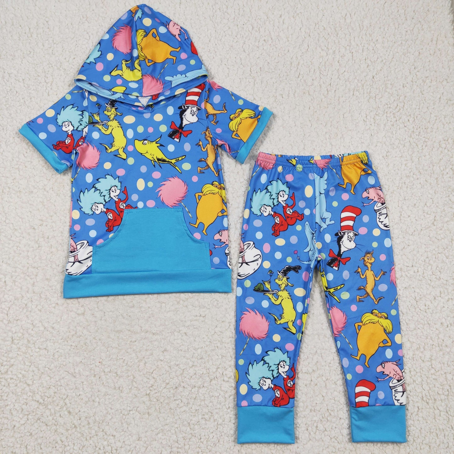 BSPO0068 Blue Cat Boys Short Sleeve Pants Hoodies Outfits