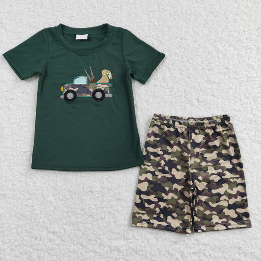 BSSO0111 Camo Green Car Dog Hunt Embroidery Boys Short Sleeve Shorts Outfits