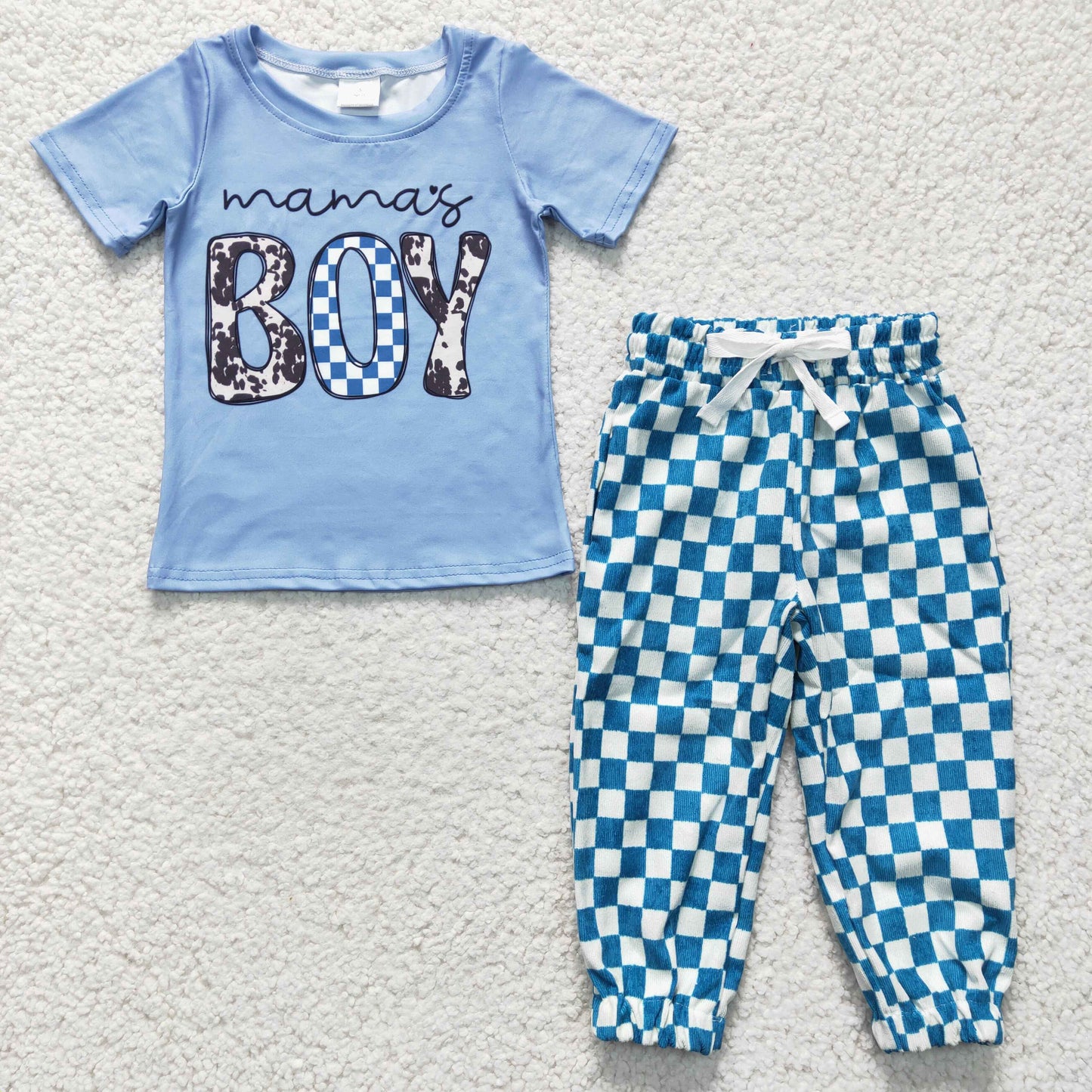 BSPO0082 2Pcs BT0183 Mama's Boy Blue Top + P0018 Blue Plaid Legging Boys Short Sleeve Bell Bottom Pants Outfits