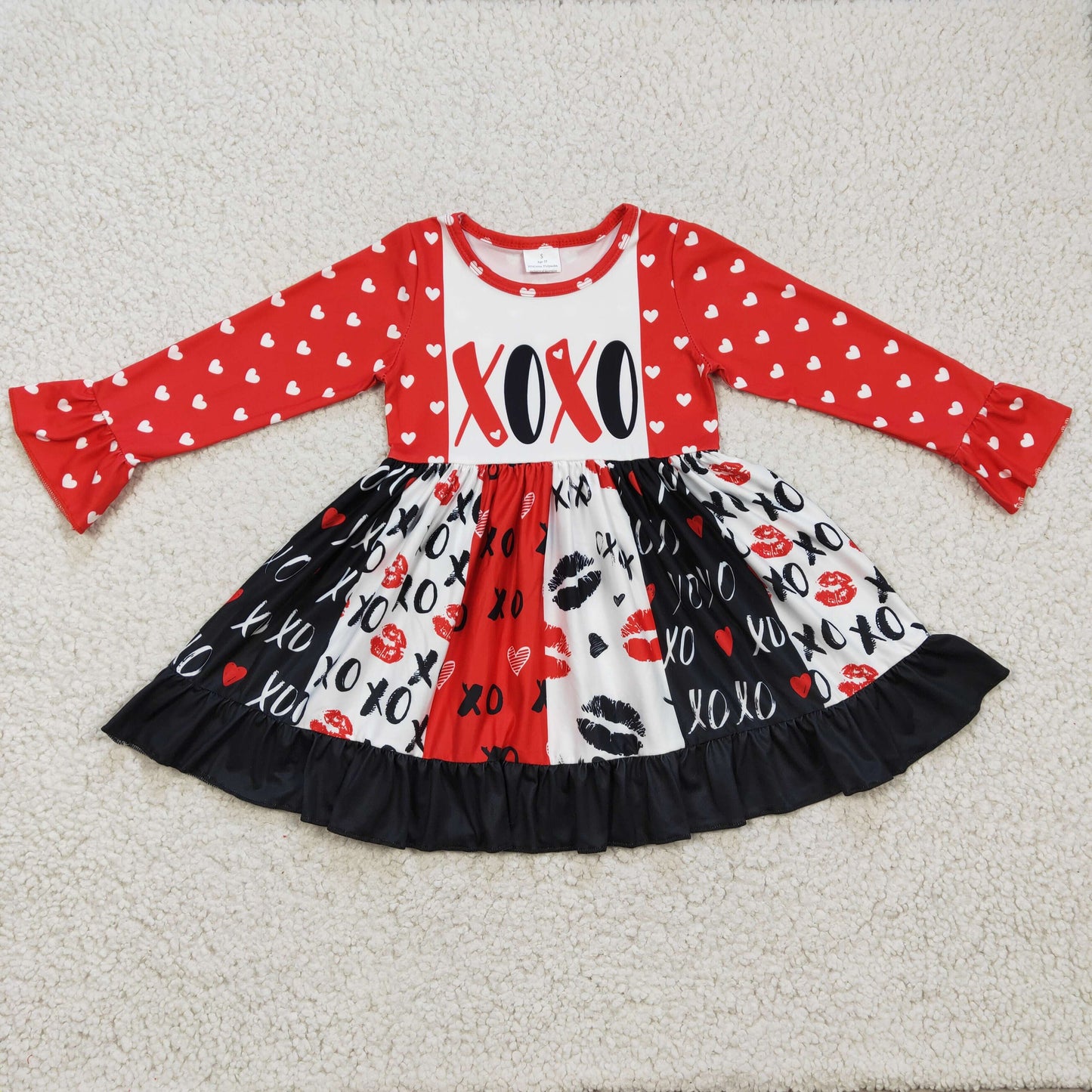 GLD0174 Valentine Red Black Love Patchwork Girls Long Sleeve Dresses