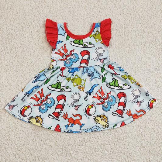 GSD0211 Blue Red Cat Hat Girls Short Sleeve Dresses