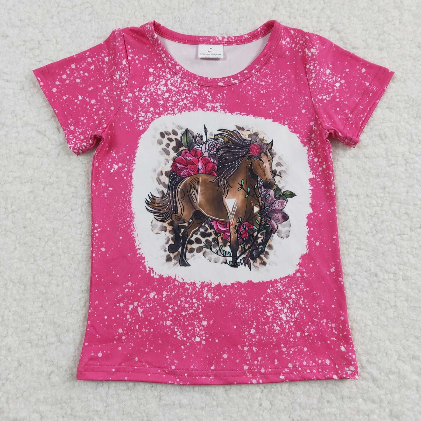 GT0122 Pink Bleach Horse Floral Girls Short Sleeve Top T-shirts