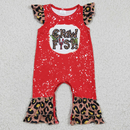 SR0149 Crawfish Cray Red Bleach Leopard  Girls Short Sleeve Romper