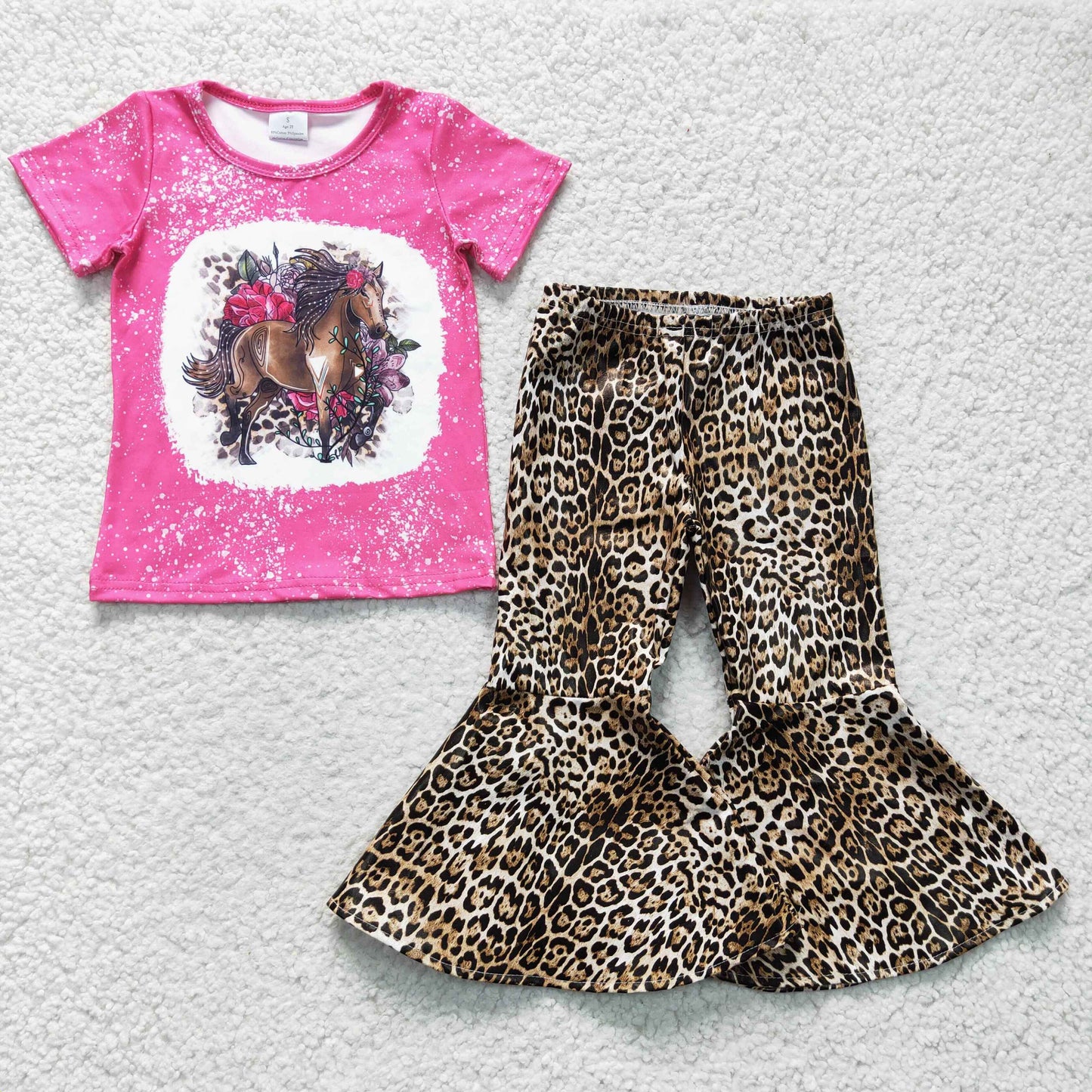 GLPO486 2Pcs GT0122 Pink Bleach Horse Floral Top + Leopard Pants Girls Long Sleeve Pants Outfits