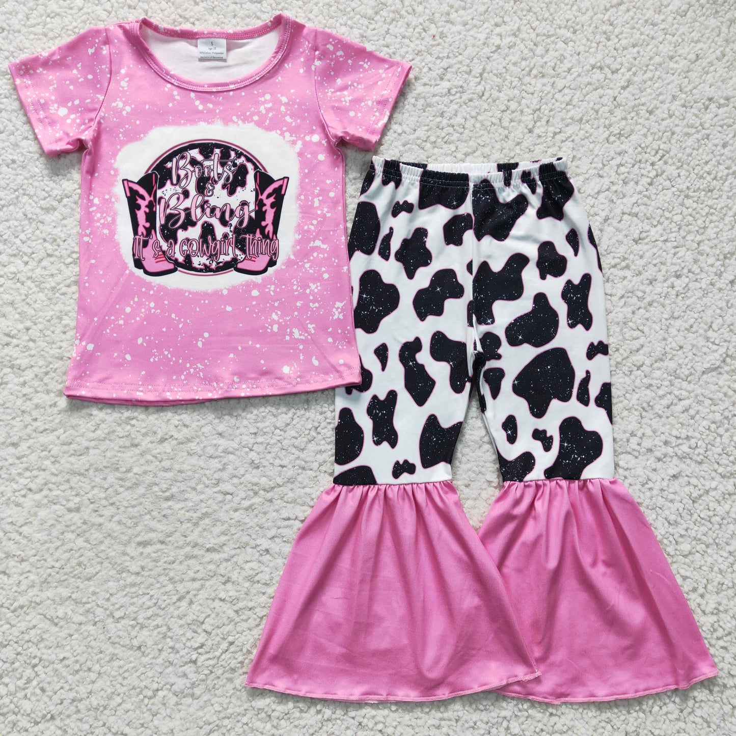 GSPO0325 Pink Cowgirl Boots Cow Print  Girls Short Sleeve Bell Bottom Pants Outfits