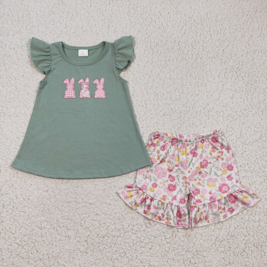 GSSO0160  Easter Green Pink Floral Rabbit Embroidery Girls Short Sleeve Shorts Outfits