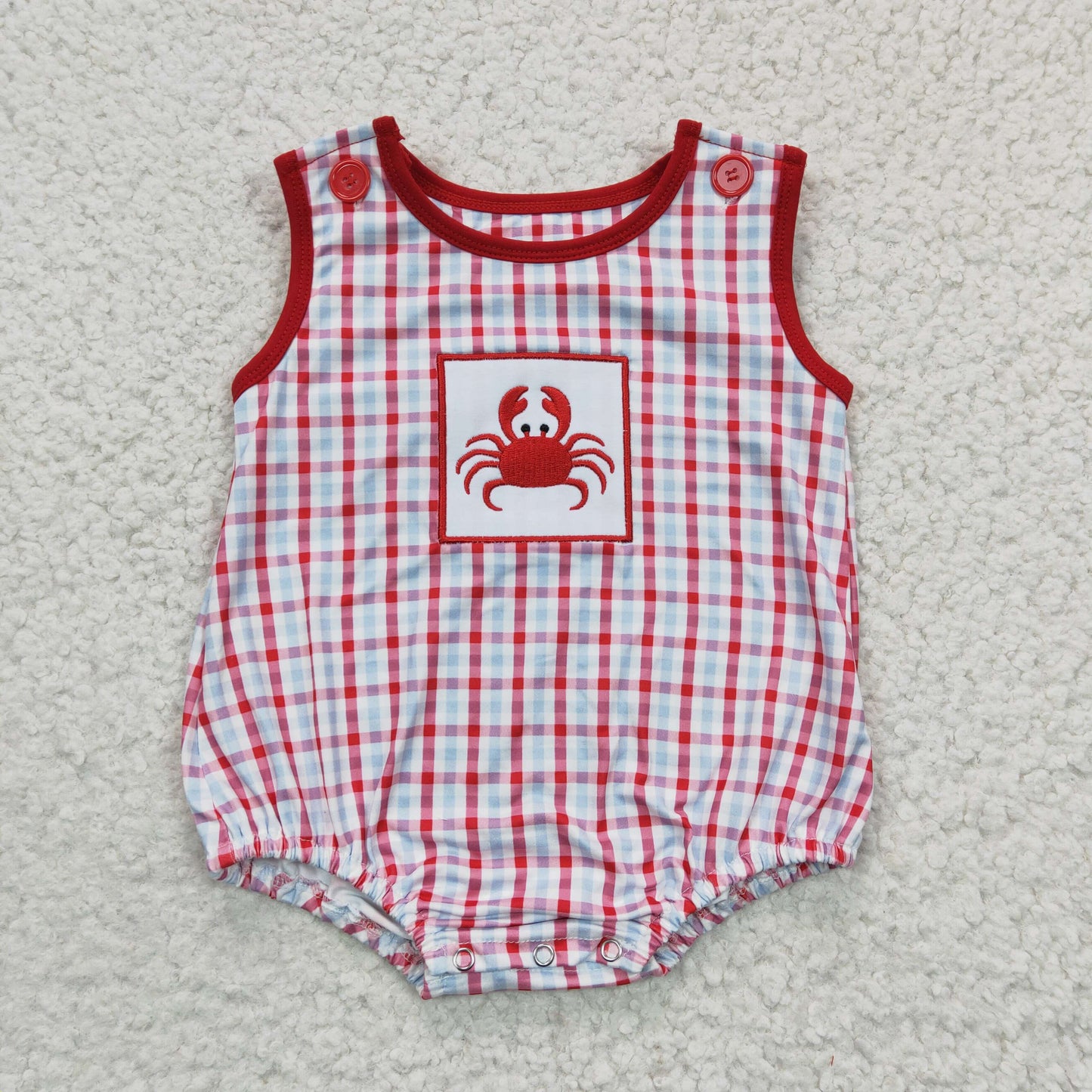 SR0157  Red Plaid Crab Craywish Embroidery Boys Short Sleeve Romper