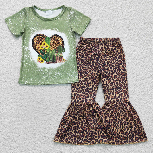 GSPO0323 Valentine Love Green Bleach Cactus Leopard Girls Short Sleeve Bell Bottom Pants Outfits