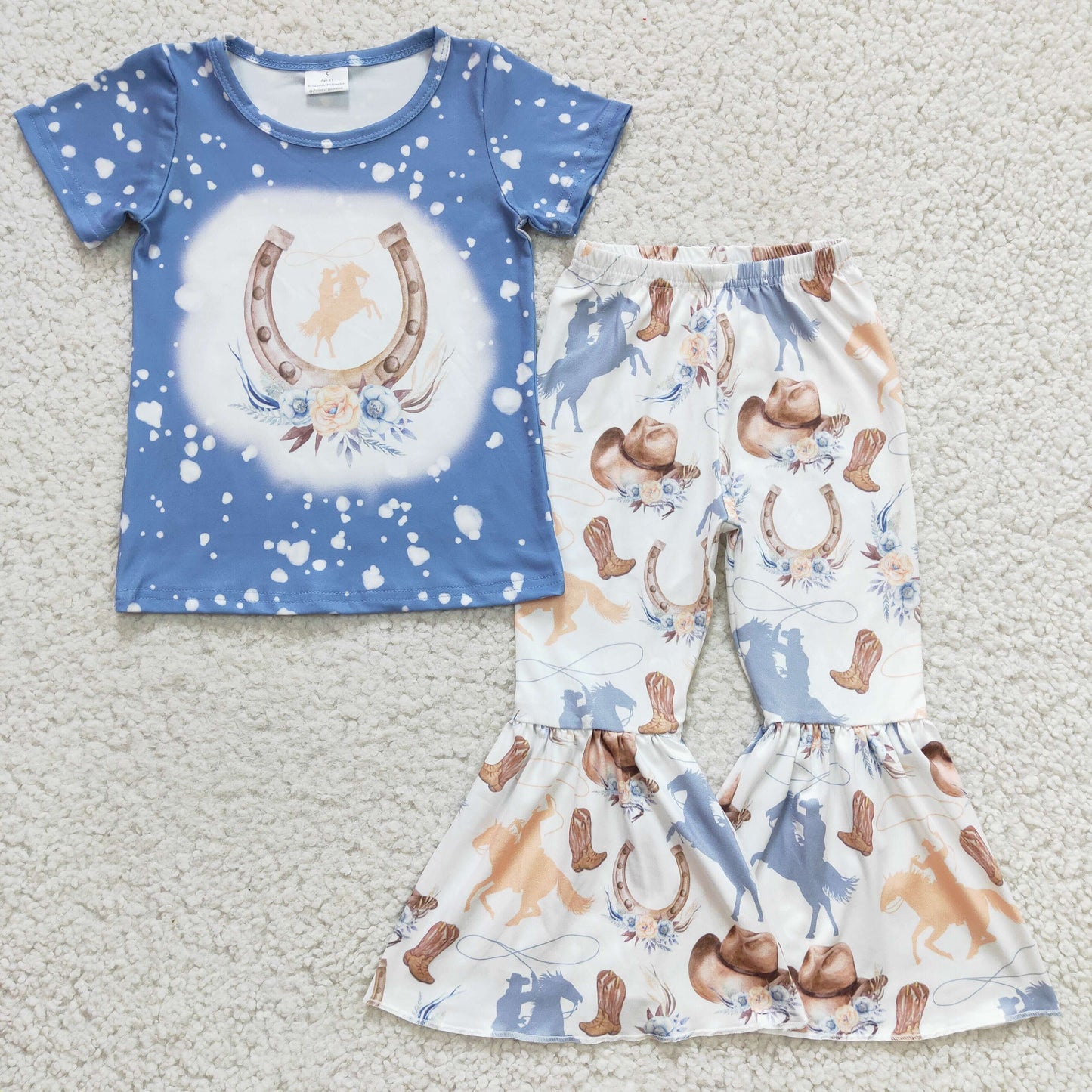 GSPO0410 Horses Blue Cowboy Western Rodeo Girls Short Sleeve Bell Bottom Pants Outfits