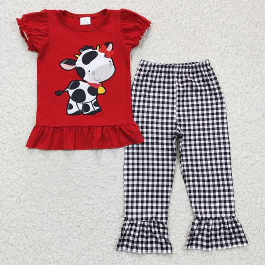 GSPO0342 Red Black Plaid Cow Girls Short Sleeve Pants Outfits