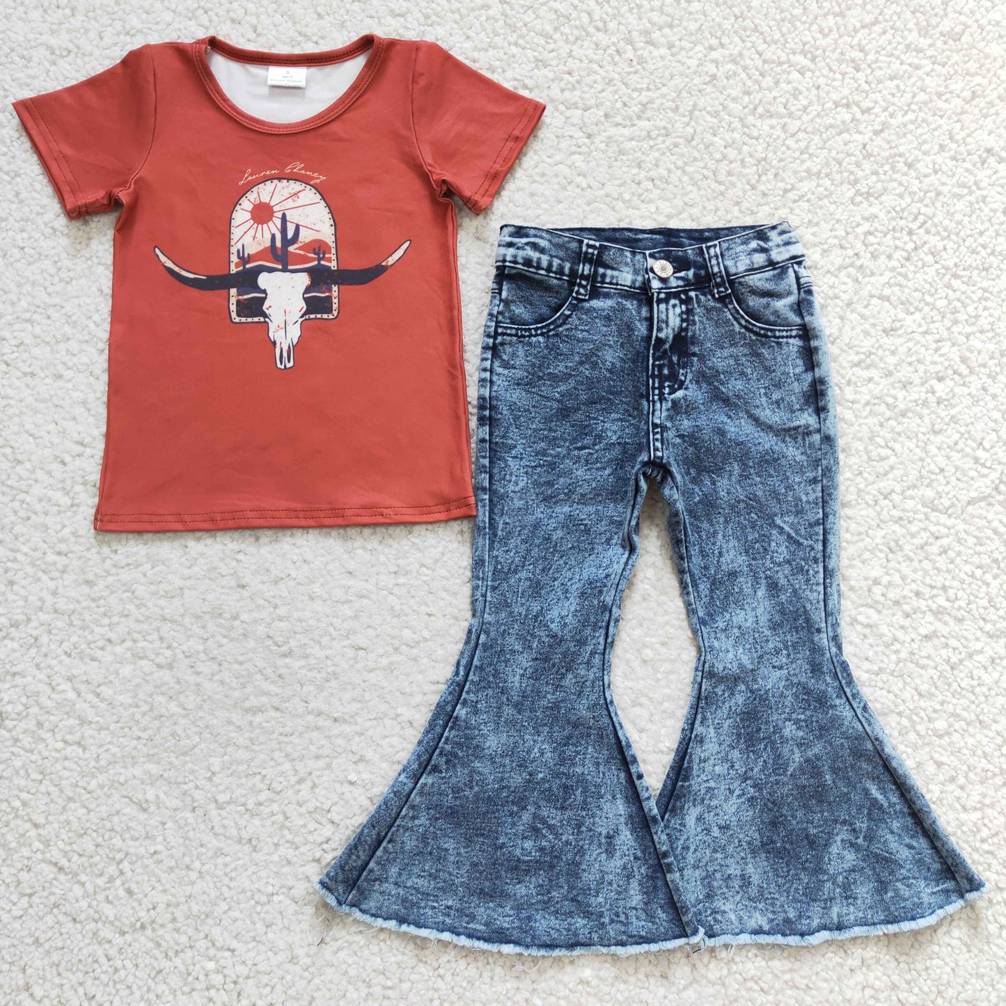 2pcs GLP0399 GT0106 Red Highland Cow Top+ Blue Denim Girls Short Sleeve Bell Bottom Pants Outfits