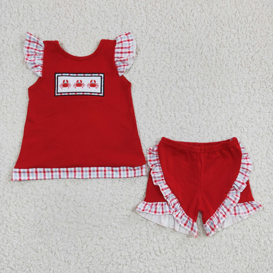 GSSO0142 Red Plaid Crab Craywish Bow Ruffles Embroidery Girls Short Sleeve Shorts Outfits