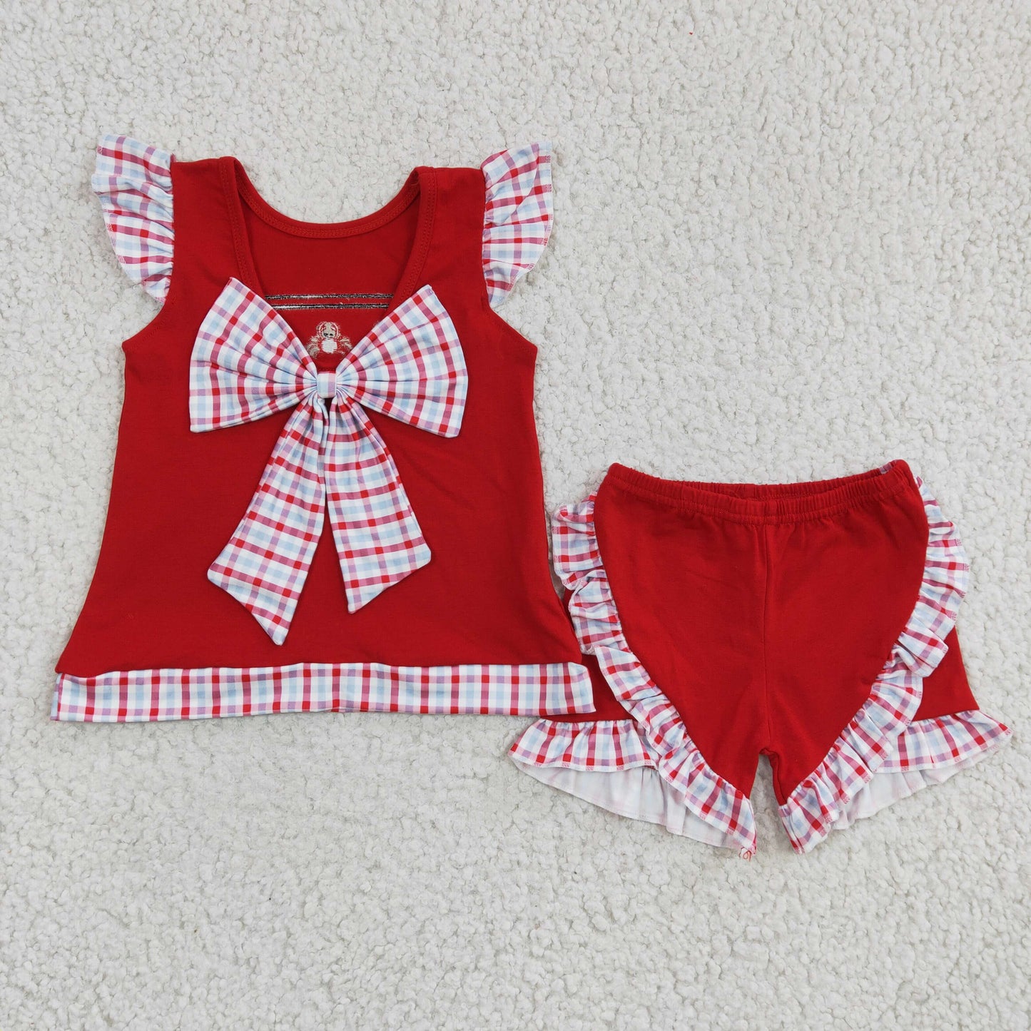 GSSO0142 Red Plaid Crab Craywish Bow Ruffles Embroidery Girls Short Sleeve Shorts Outfits