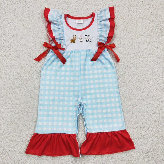 SR0179 Red Blue Plaid Horses Sheep Cow Farm Cartoon Embroidery Girls Short Sleeve Romper