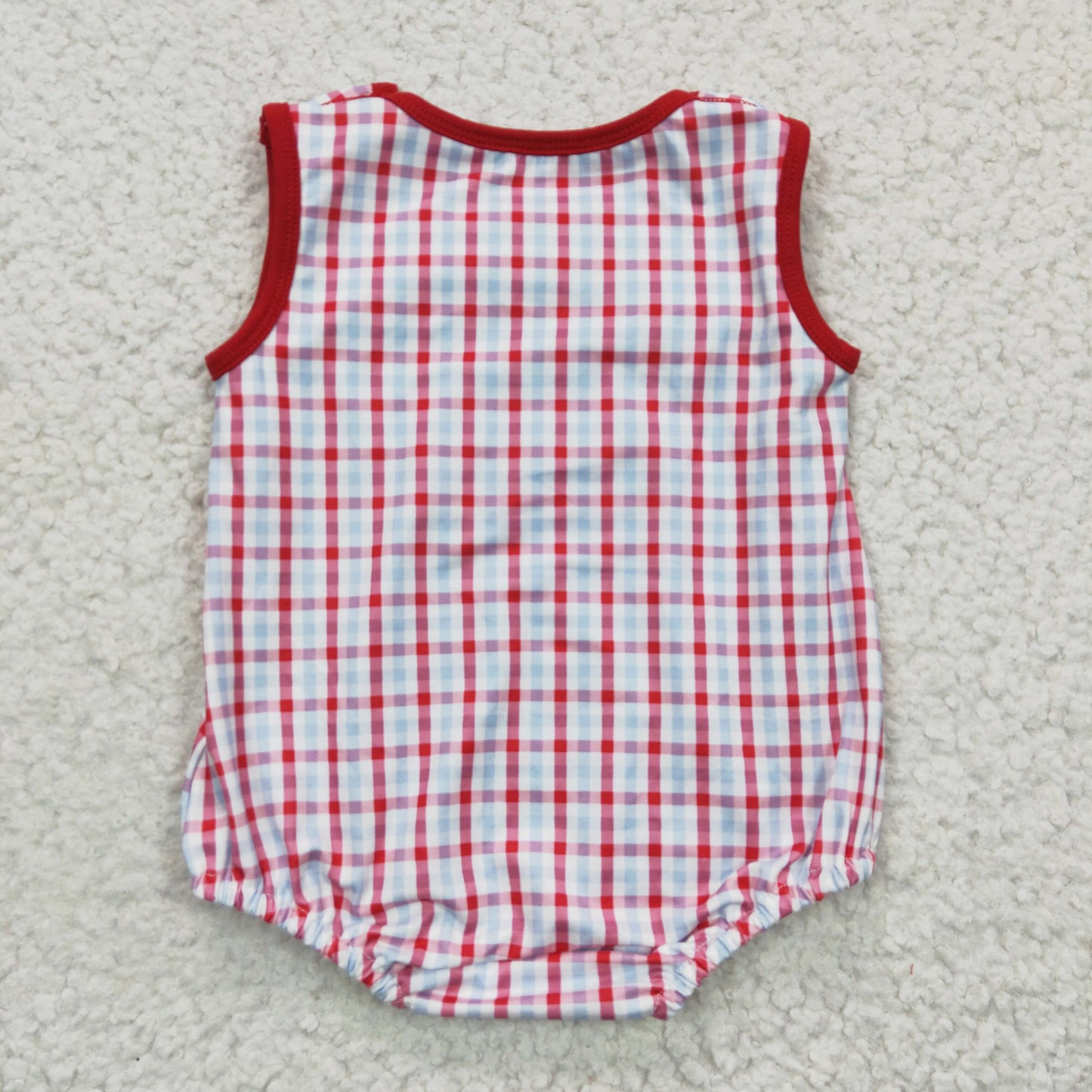 SR0157  Red Plaid Crab Craywish Embroidery Boys Short Sleeve Romper