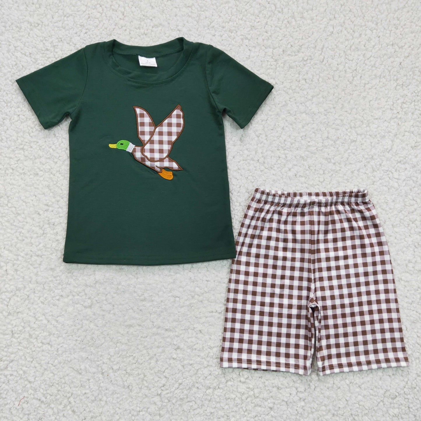 BSSO0117 Green Bird Duck Embroidery Boys Short Sleeve Shorts Outfits