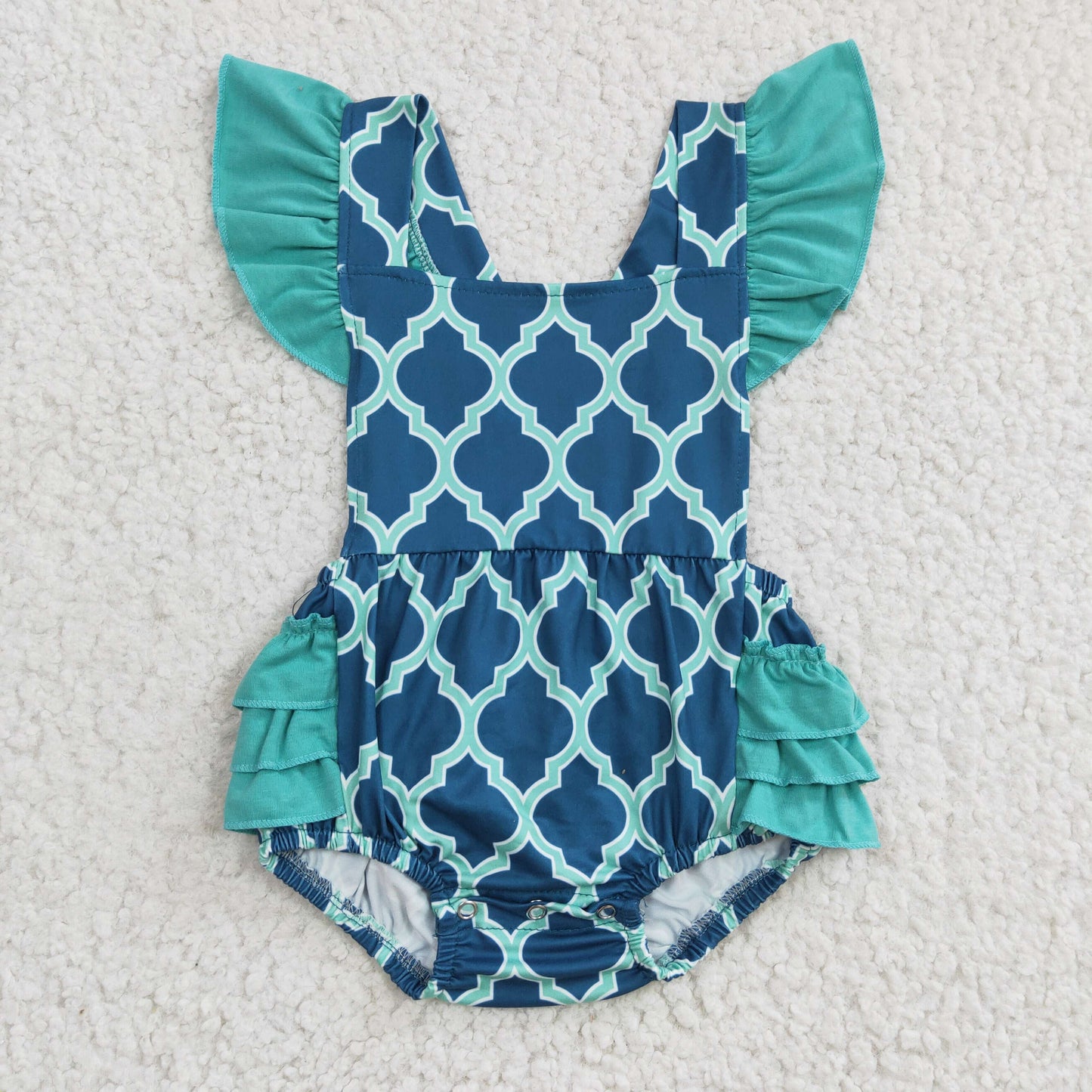 C8-1-1 Green Blue Scale Girls Flutter Sleeve Romper