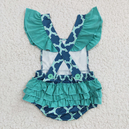 C8-1-1 Green Blue Scale Girls Flutter Sleeve Romper