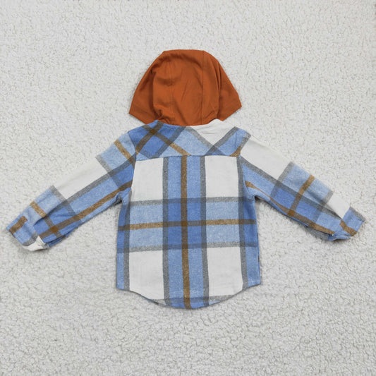 BT0208 Blue Brown Plaid White Pockets Boys Long Sleeve Hoodies Top