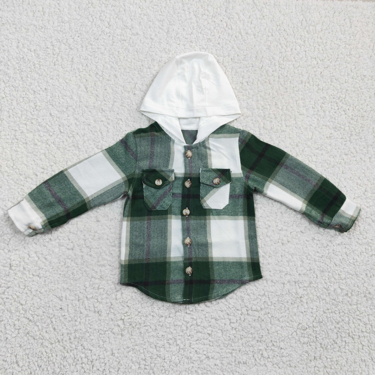 BT0209 Green Plaid White Pockets Boys Long Sleeve Hoodies Top