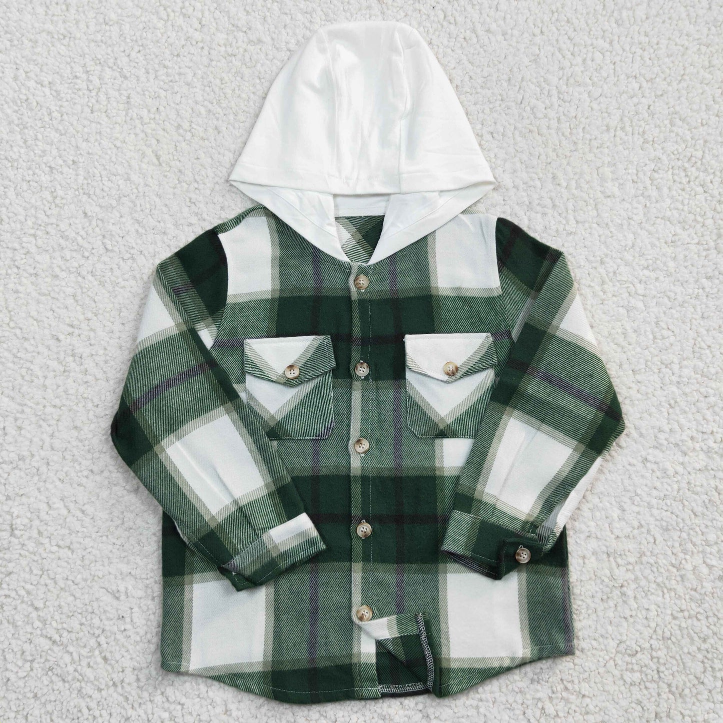 BT0209 Green Plaid White Pockets Boys Long Sleeve Hoodies Top