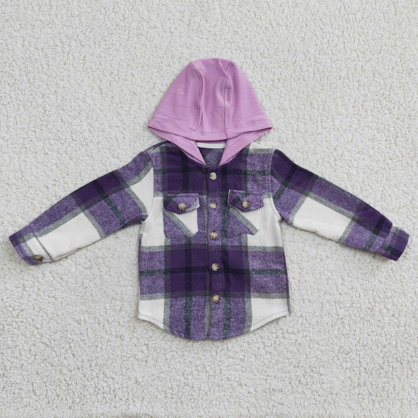 GT0150 Purple Plaid White Pockets Boys Long Sleeve Hoodies Top