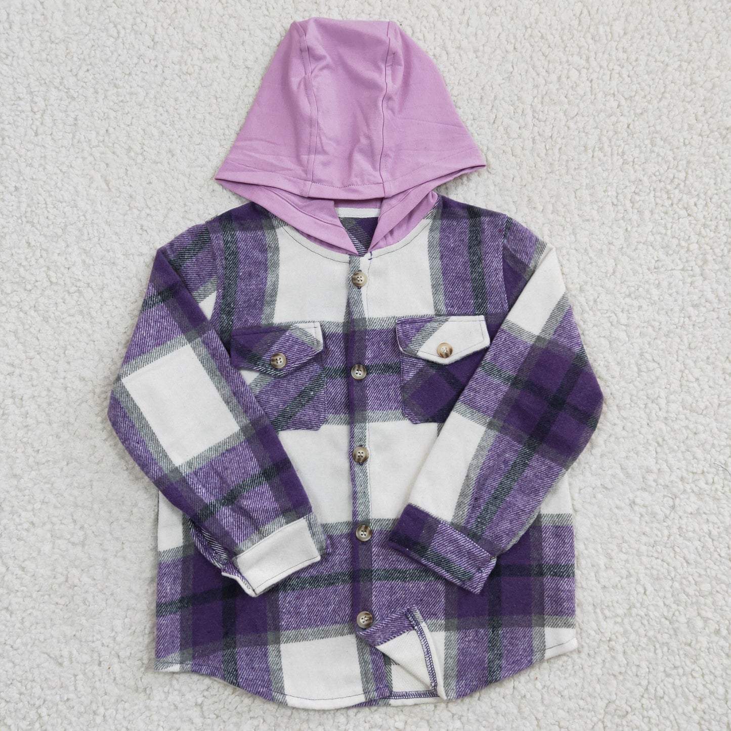 GT0150 Purple Plaid White Pockets Boys Long Sleeve Hoodies Top