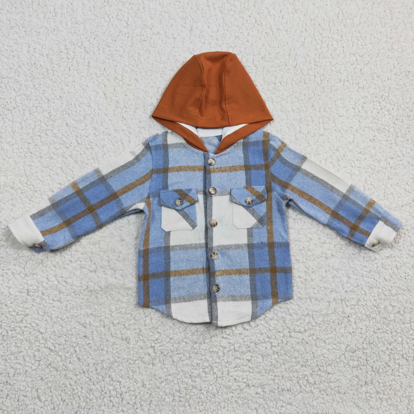 BT0208 Blue Brown Plaid White Pockets Boys Long Sleeve Hoodies Top