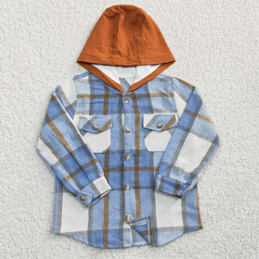 BT0208 Blue Brown Plaid White Pockets Boys Long Sleeve Hoodies Top