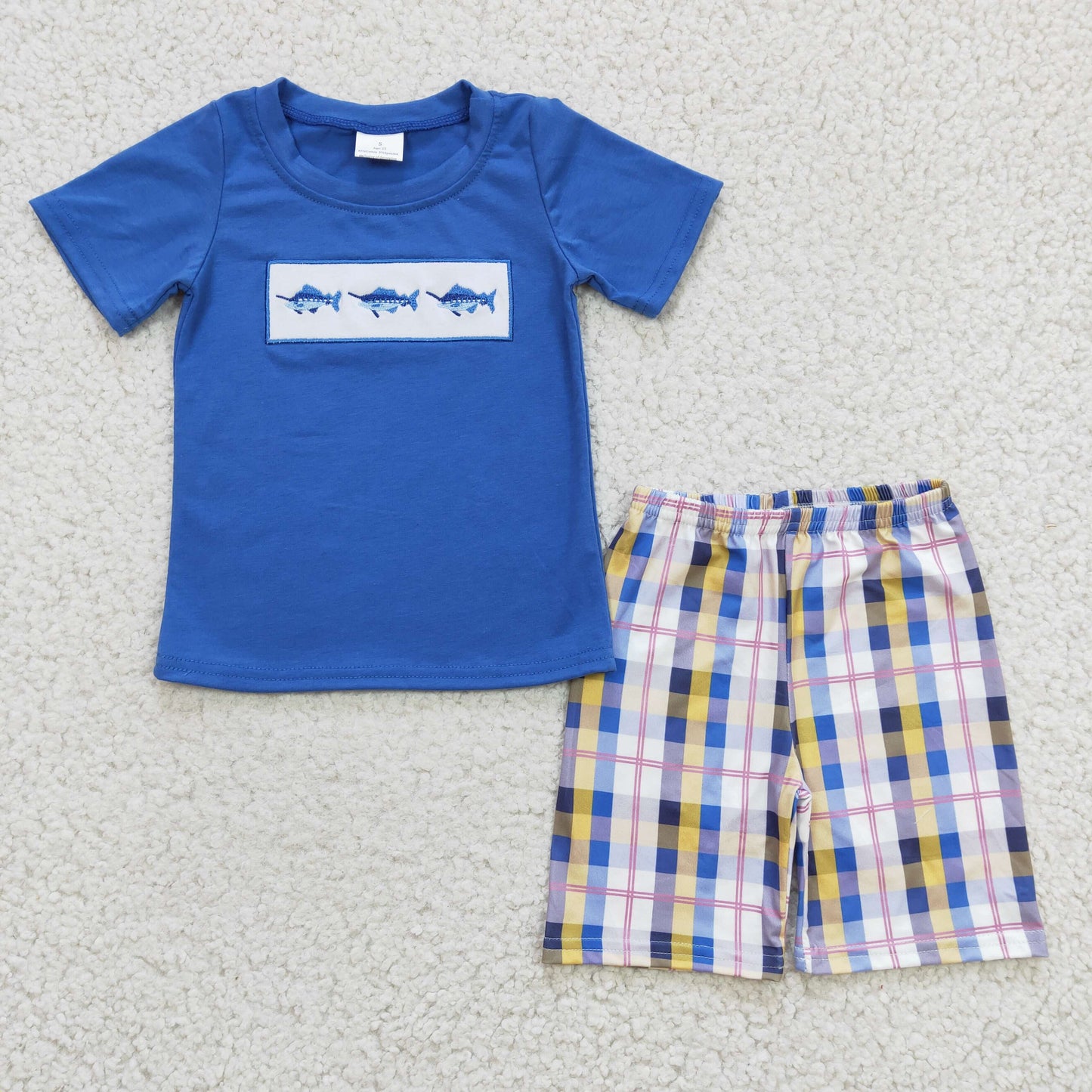 BSSO0125 Blue Plaid Fish Embroidery Boys Short Sleeve Shorts Outfits