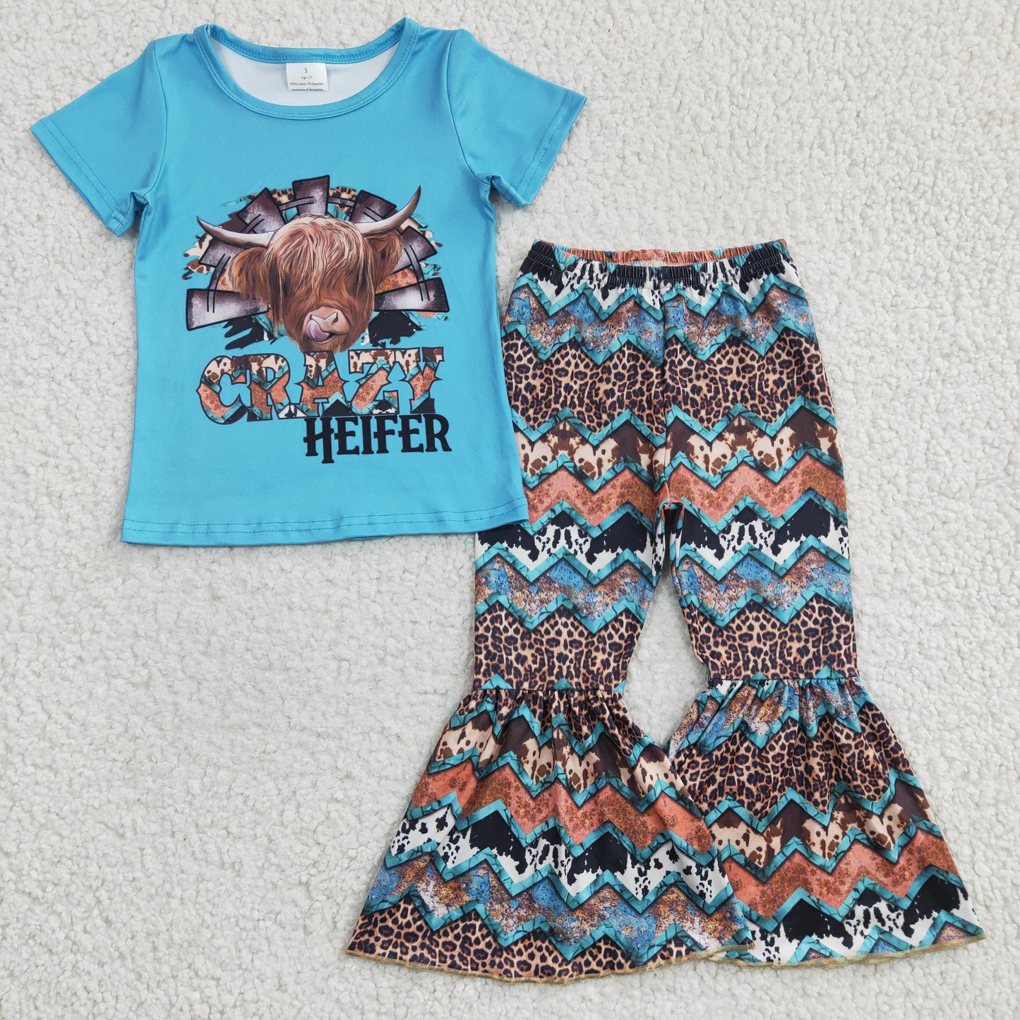 GSPO0372 Blue Crazy Heifer Highland Cow Girls Short Sleeve Bell Bottom Pants Outfits