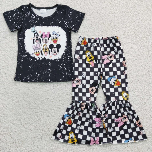 GSPO0445 Black Bleach Plaid Duck M Cartoon Girls Short Sleeve Bell Bottom Pants Outfits