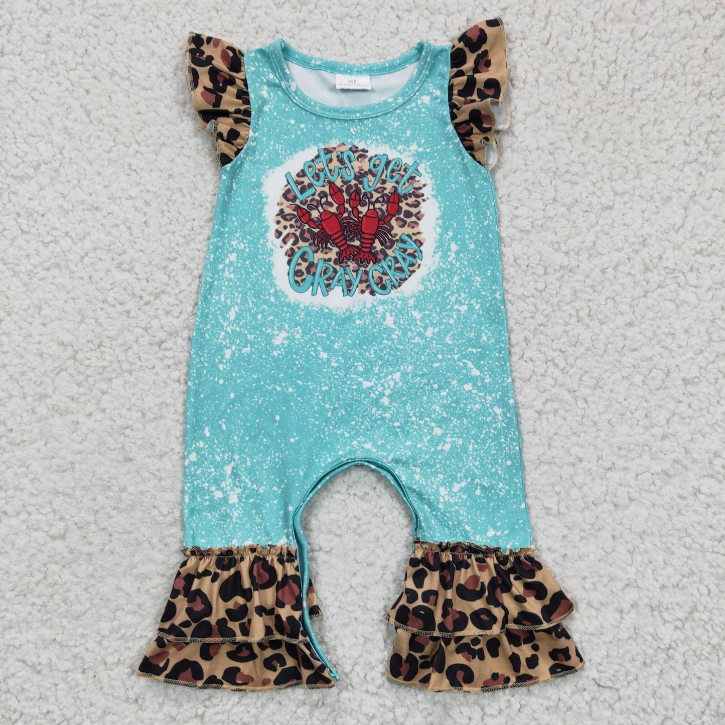 SR0151 Let's Get Cray Crawfish Blue Bleach Leopard  Girls Short Sleeve Romper