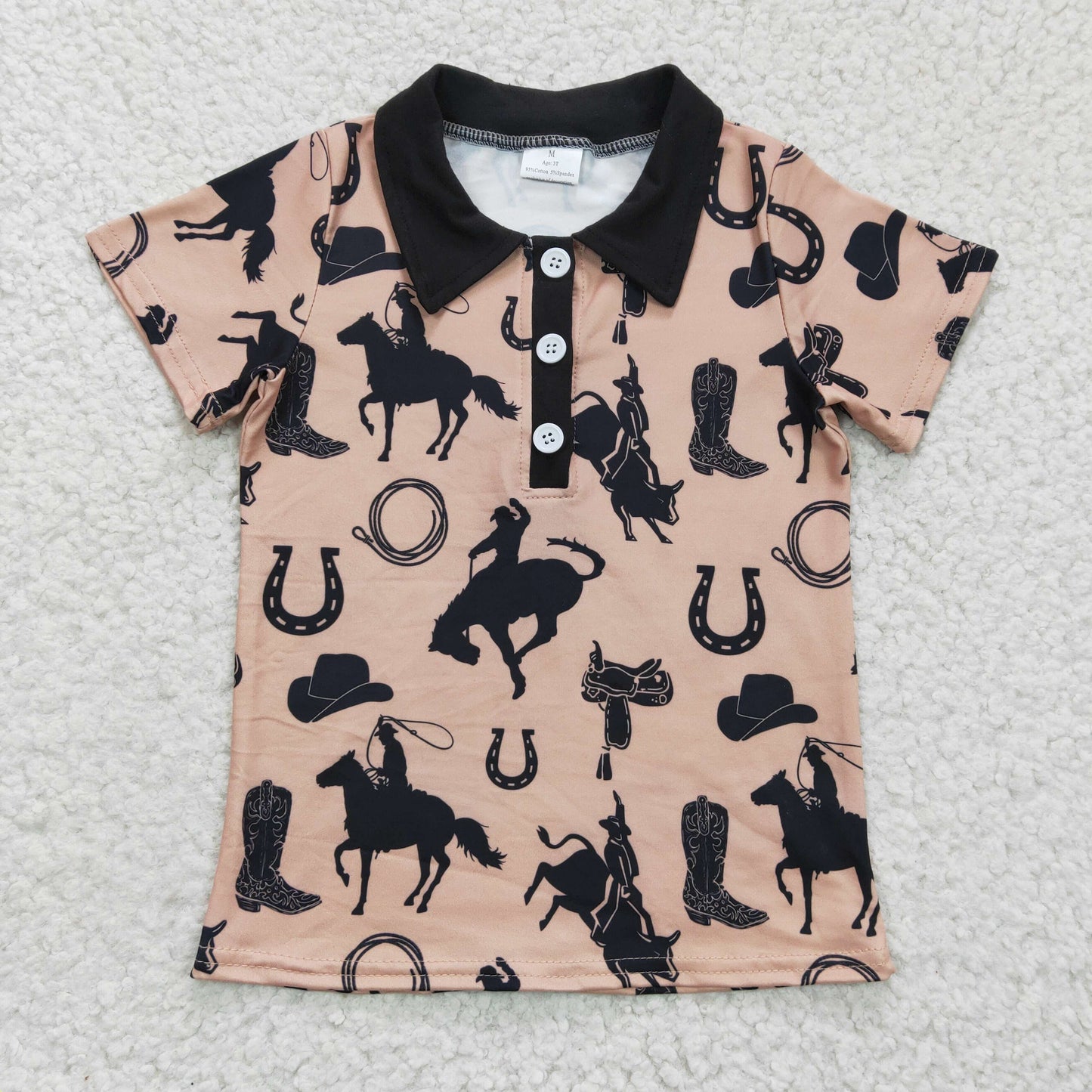 BT0132 Black Brown Rodeo Horses Western Boys Short Sleeve Top Collar T-Shirts