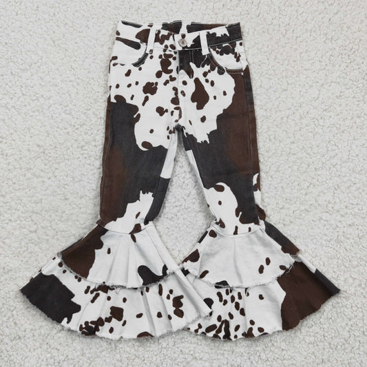 Aa-1 Brown Cow Print Girls Double Ruffles Denim Jeans