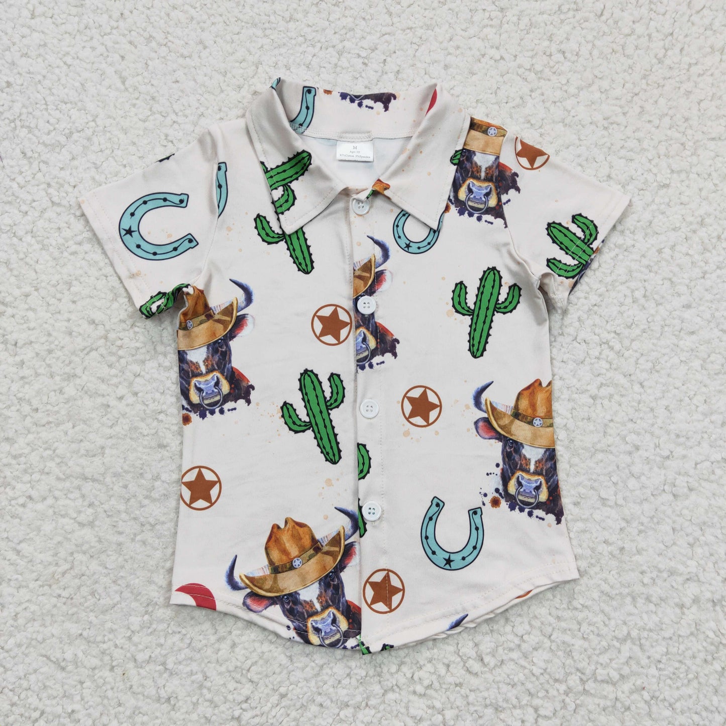 BT0213 Highland Cow Cowboy Cactus Western Boys Short Sleeve Top Collar T-Shirts