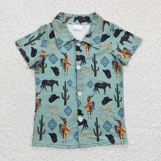 BT0214 Green Highland Cow Cowboy Cactus Rodeo Western Boys Short Sleeve Top Collar T-Shirts