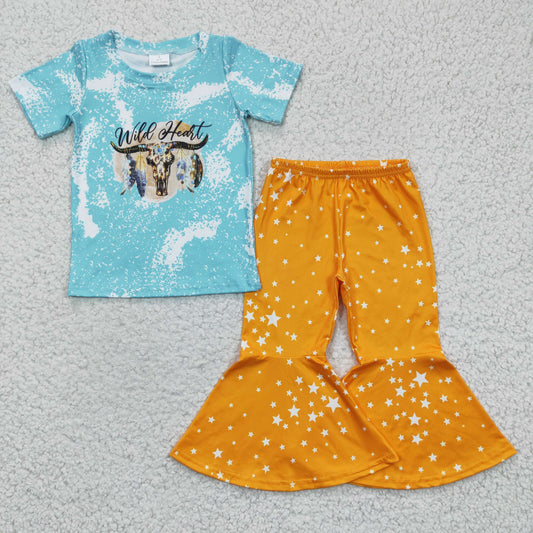 Clearance A12-2 Blue Yellow Star Cow Heifer Girls Short Sleeve Bell Bottom Pants Outfits