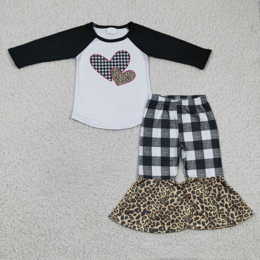 Clearance 6 B7-23 Valentine Love Black Plaid Leopard Girls Long Sleeve Bell Bottom Pants Outfits