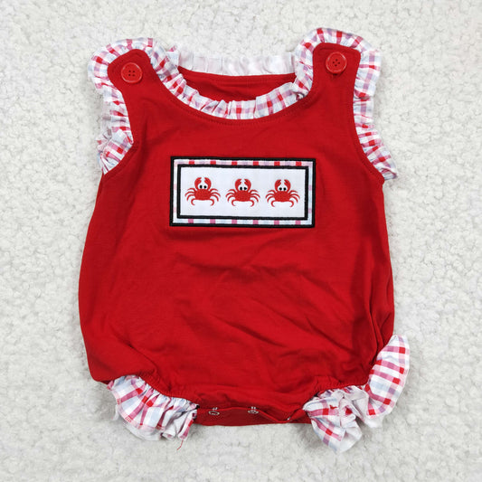 SR0156 Red Plaid Crab Craywish Embroidery Girls Short Sleeve Romper