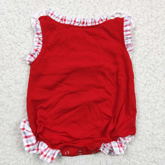 SR0156 Red Plaid Crab Craywish Embroidery Girls Short Sleeve Romper