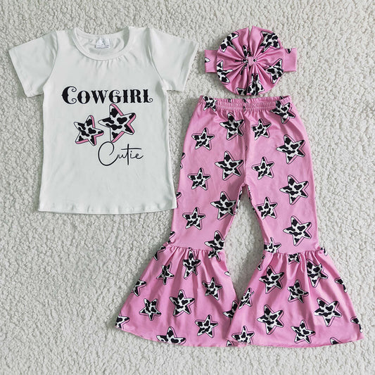 GSPO0044 Cowgirl Cutie Cow Print Pink Stars With Bow 3pcs Girls Short Sleeve Pants Outfits