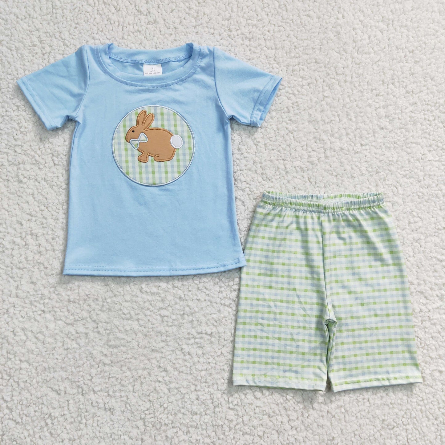 BSSO0130 Easter Rabbit Blue Plaid Embroidery Boys Short Sleeve Shorts Outfits